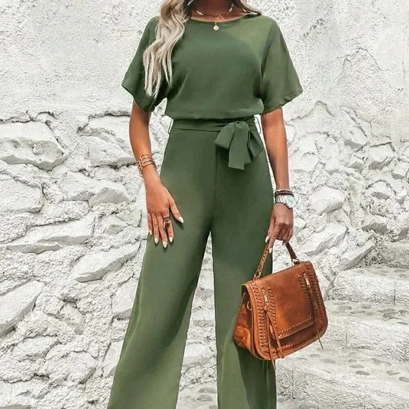 Army Green Preppy Womens Solid Batwing Sleeve Belted Jumpsuit - Picture 1 of 4